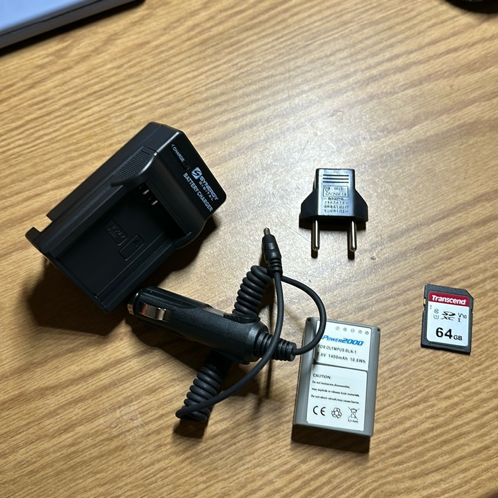 camera battery, charger, and 64GB sd card